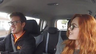 Threesome ffm fuck in fake driving school car